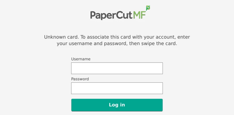 Screenshot of login screen saying: Unknown card. To associate this card with your account, enter your username and password, then swipe the card